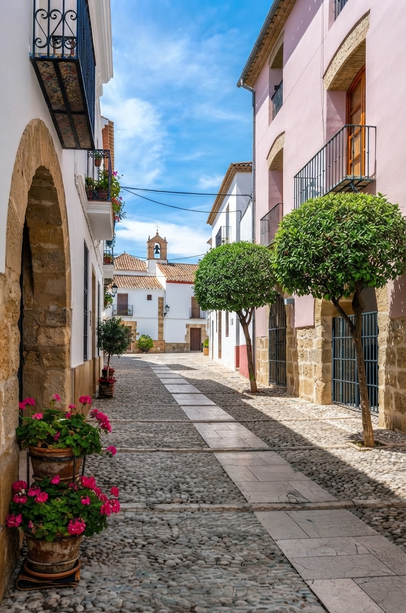 Sunlit cobbled street in a Mediterranean hill town